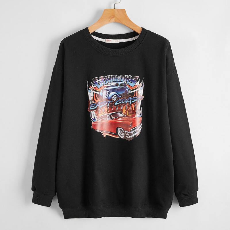 

Car & Letter Graphic Sweatshirt, Black