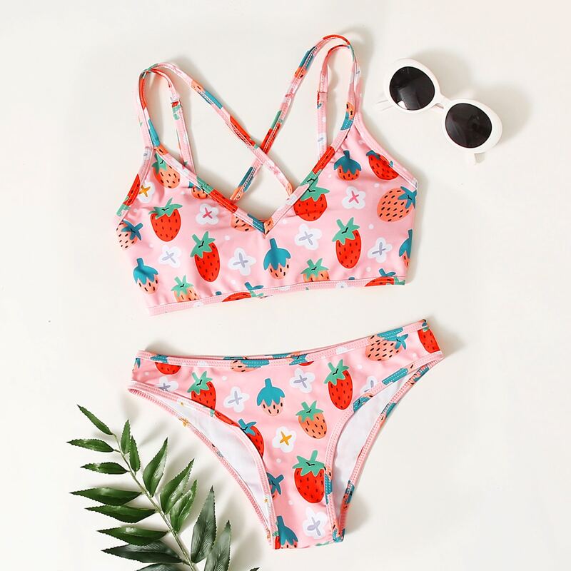 

Strawberry Print Lace-up Bikini Swimsuit, Baby pink
