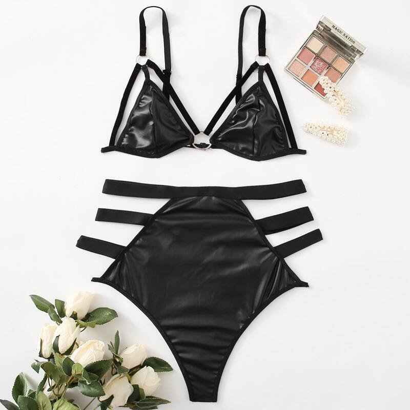 

Ring Linked Ladder Cut-out PU Lingerie Set, Black