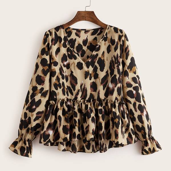 

Leopard Print Ruffle Hem Babydoll Blouse, Multicolor