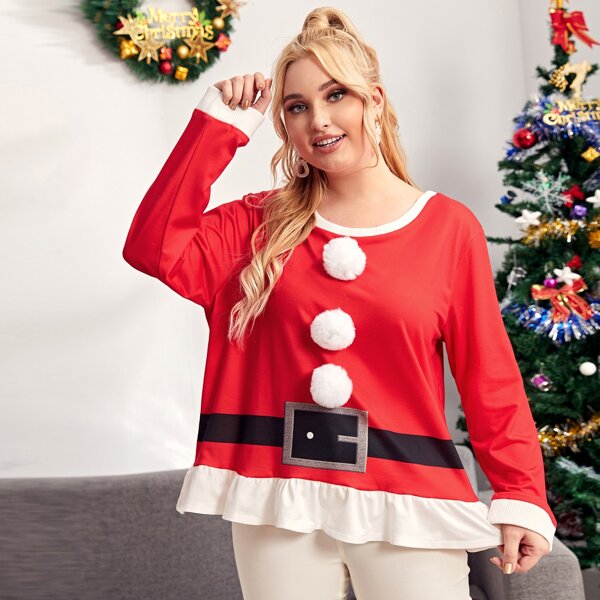 

Plus Christmas Pom Pom Decoration Sweatshirt, Red