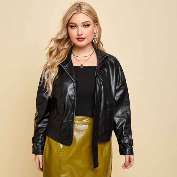 

Plus Solid Zip Up PU Leather Jacket, Black