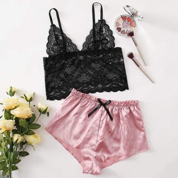

Floral Lace Satin Scalloped Lingerie Set, Multicolor