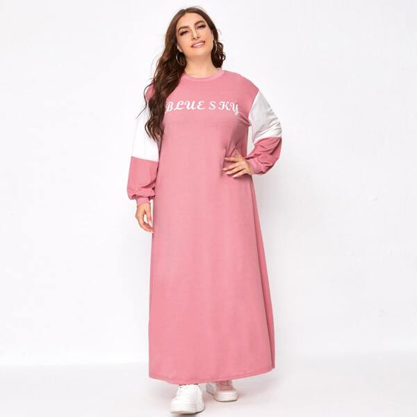 

Plus Letter Graphic Color-block Sleeve Sweatshirt Dress, Pink