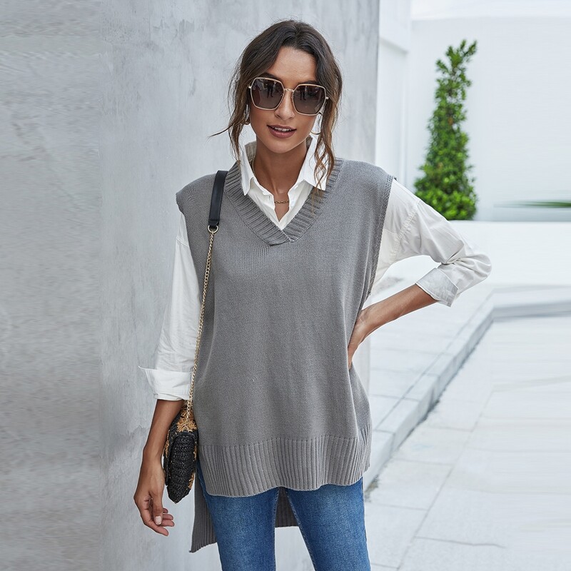 

Split High Low Hem Sweater Vest, Grey