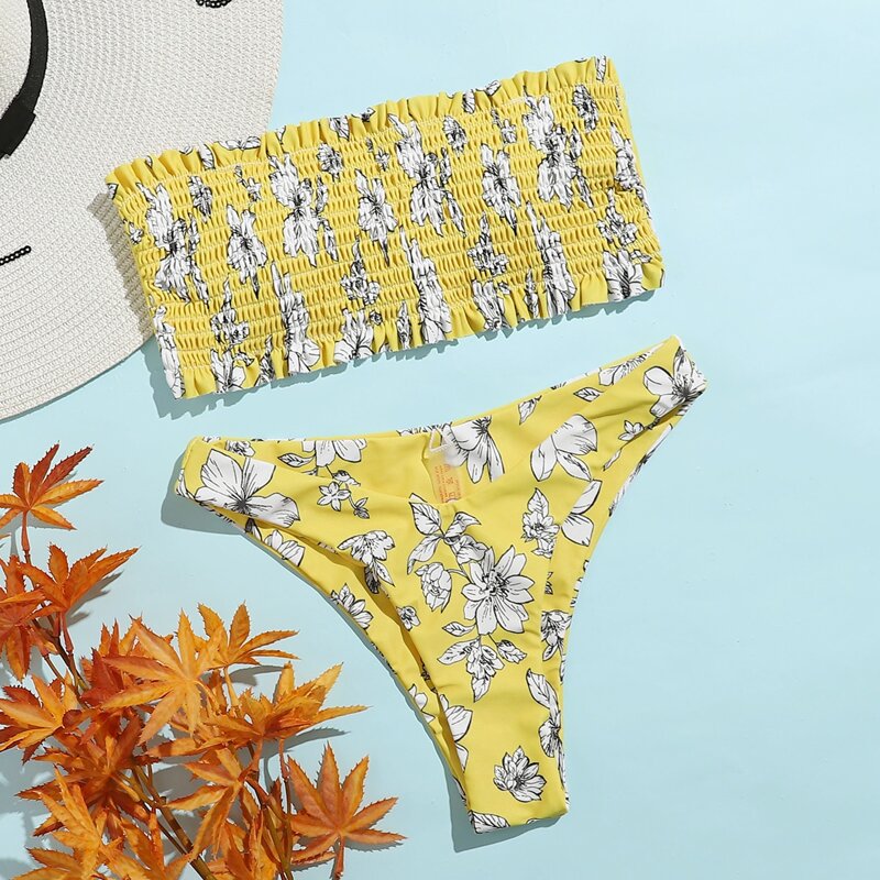 

Floral Smocked Frill Trim Bikini Swimsuit, Yellow