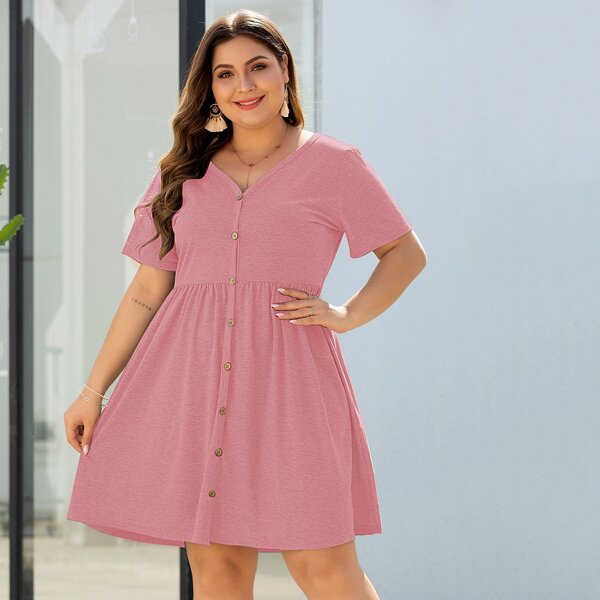 

Plus Button Front Smock Dress, Dusty pink