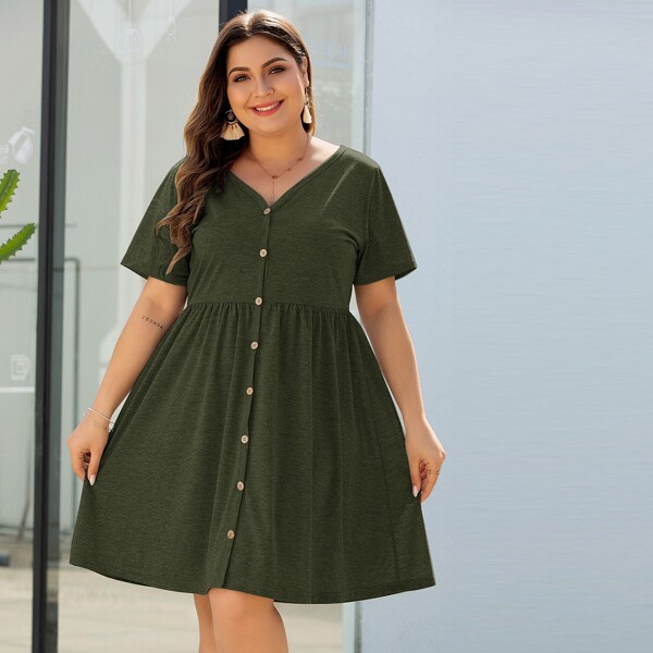 

Plus Button Front Smock Dress, Army green