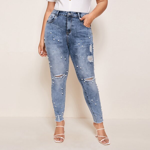 

Plus Pearls Beaded Ripped Fitted Jeans, Medium wash