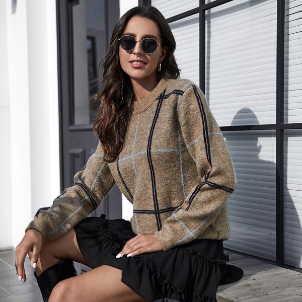 

Plaid Pattern Sweater, Mocha brown