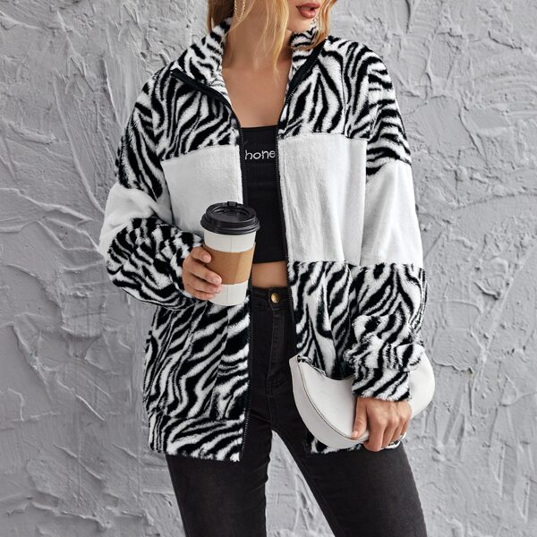 

Zip Up Zebra Striped Teddy Jacket, Black and white