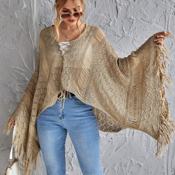 

Fringe Detail Lace-up Front Open Knit Poncho, Khaki