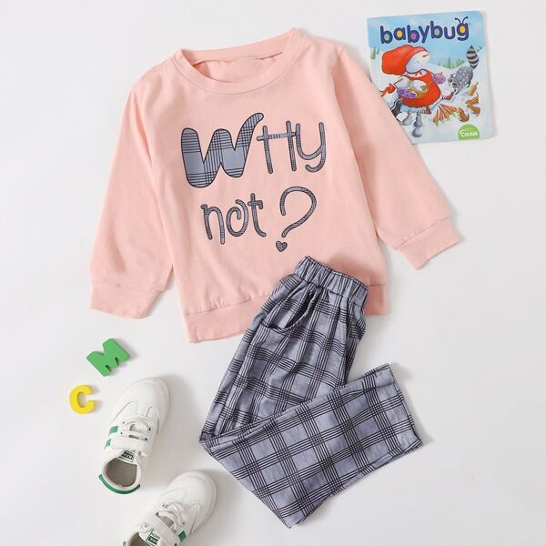 

Toddler Girls Slogan & Plaid Print Sweatshirt & Pants, Multicolor