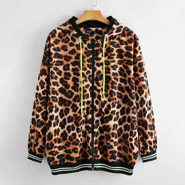 

Plus Leopard Contrast Striped Trim Drawstring Hooded Jacket, Multicolor