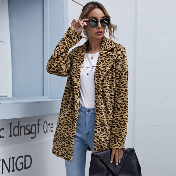 

Leopard Print Lapel Neck Teddy Coat, Multicolor