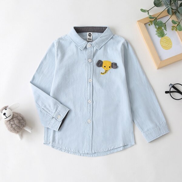 

Toddler Boys Cartoon Embroidery Patched Shirt, Baby blue