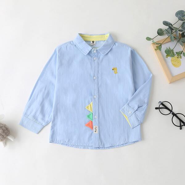 

Toddler Boys Cartoon Embroidery Patched Shirt, Baby blue