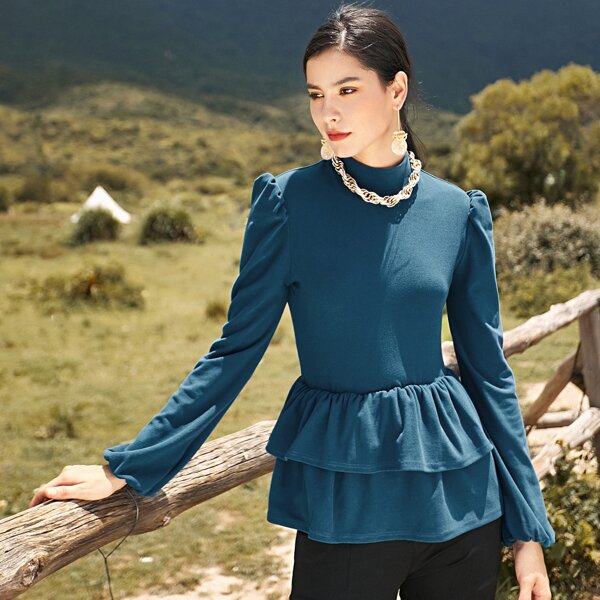

Mock Neck Layered Ruffle Hem Top, Blue