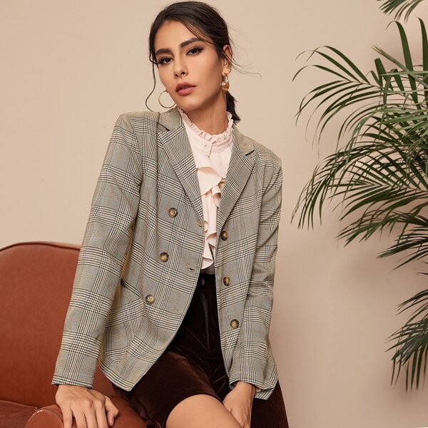 

Double Breasted Pocket Plaid Blazer, Grey