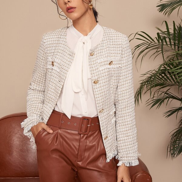 

Single Breasted Raw Hem Tweed Jacket, Beige