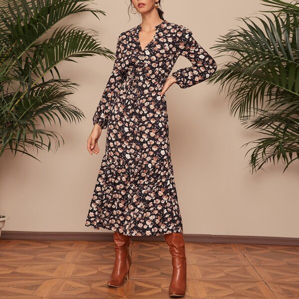 

All Over Floral Print Notched Neck Ruffle Hem Knot Front Dress, Multicolor