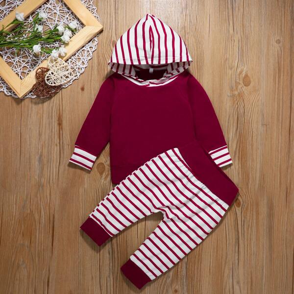 

Baby Girl Raglan Sleeve Hoodie & Striped Sweatpants, Red and white