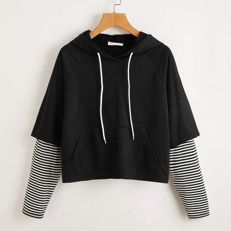 

Kangaroo Pocket 2 In 1 Striped Hoodie, Black