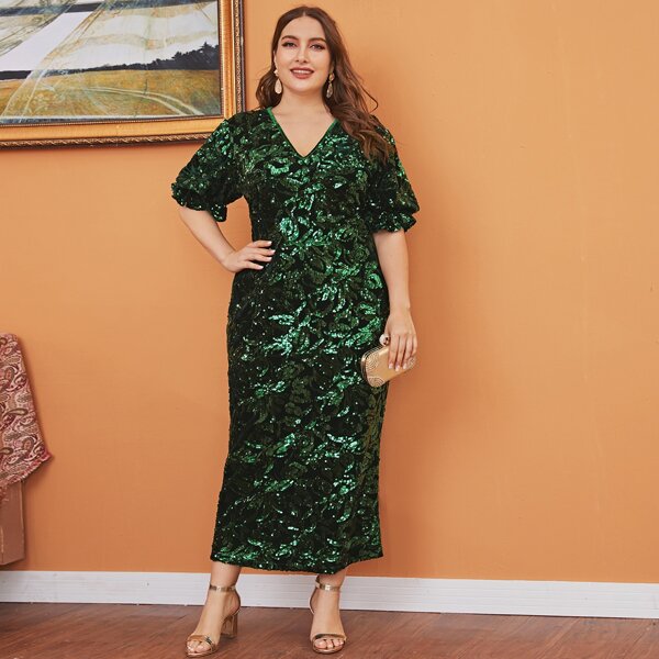 

Plus Contrast Sequin Split Hem Ruffle Dress, Dark green