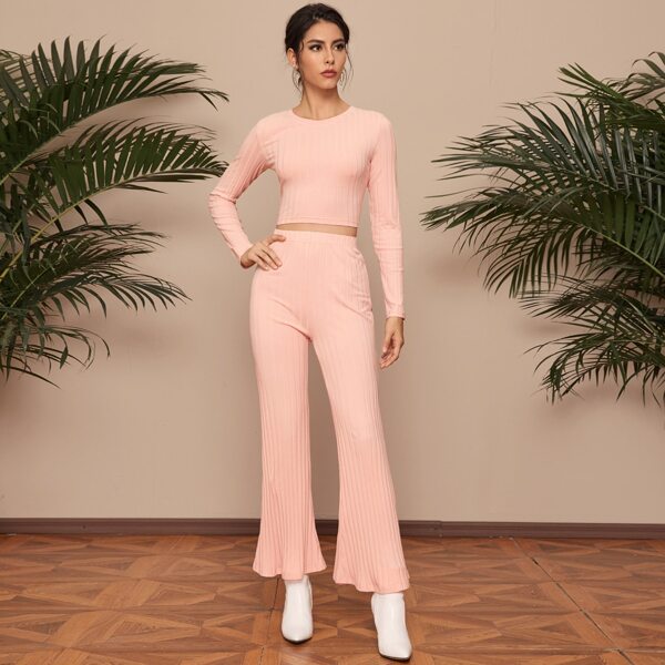 

Solid Rib-knit Crop Tee With Flare Leg Pants, Baby pink