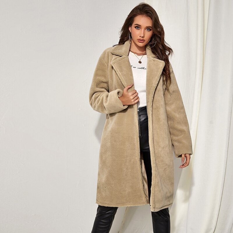 

Open Front Solid Teddy Coat, Khaki