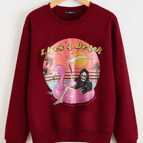 

Skull & Slogan Graphic Pullover, Burgundy