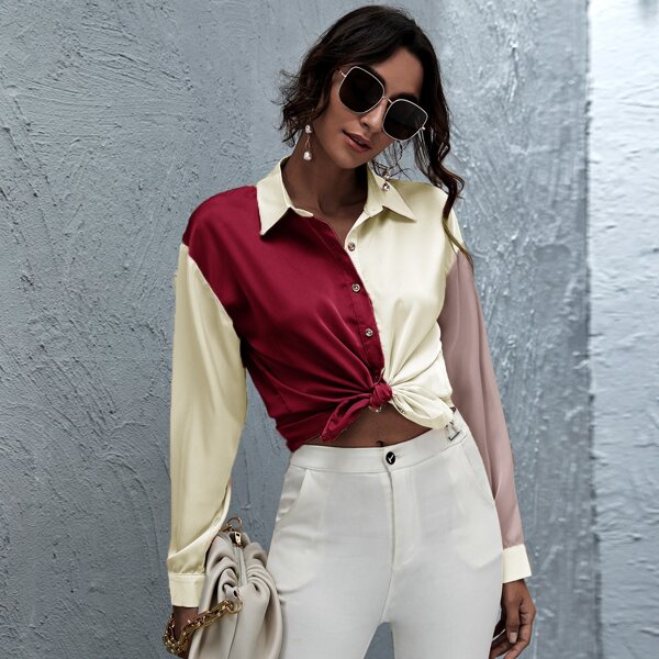 

Button Front Color Block Satin Top, Multicolor