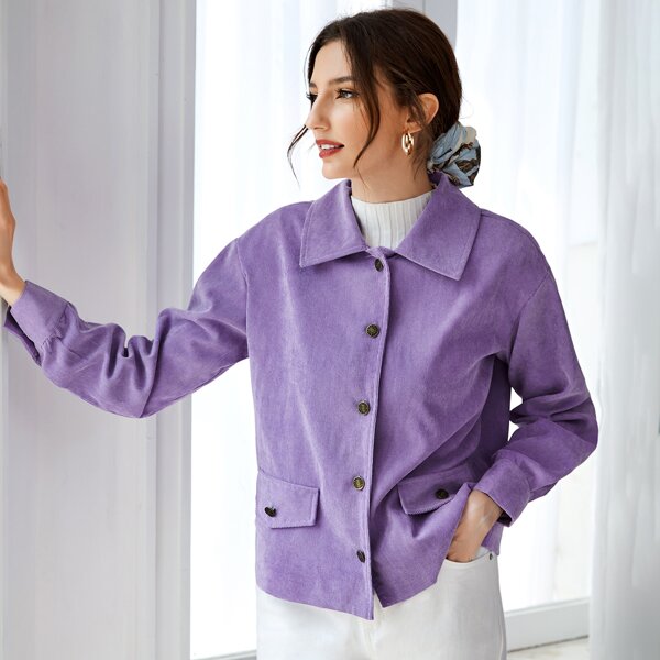 

Single Breasted Drop Shoulder Corduroy Jacket, Violet purple