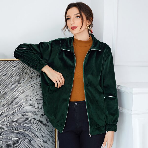 

Contrast Binding Zip Up Velvet Jacket, Dark green