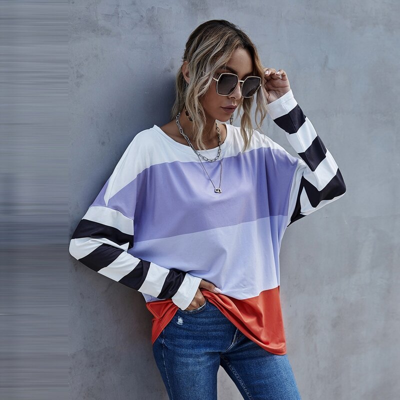 

Cut And Sew Batwing Sleeve Tee, Multicolor