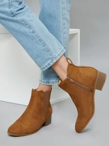 SHUZIA Faux Suede Block Heel Ankle Chelsea Booties - Brown - View 2