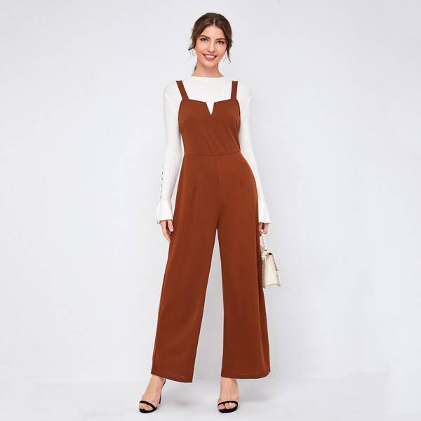 

Solid Notched Neck Wide Leg Jumpsuit, Rust brown