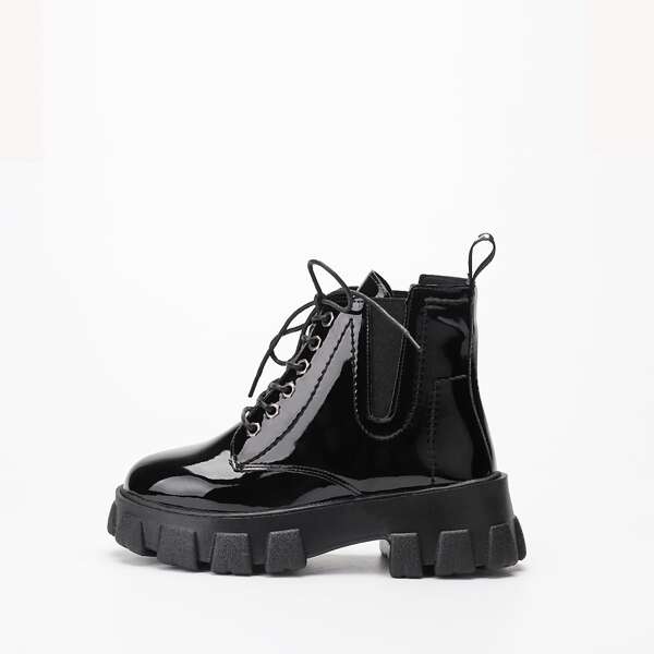 

Lace-up Front Patent Combat Boots, Black