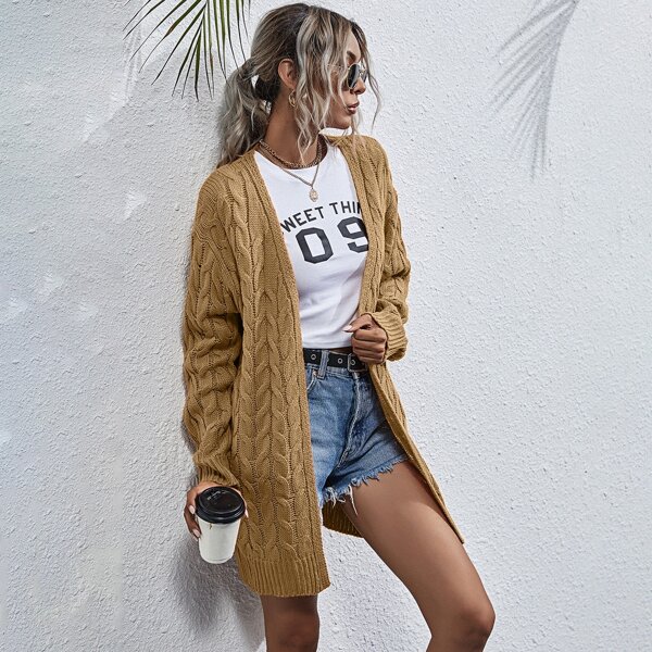 

Solid Cable Knit Open Front Cardigan, Camel