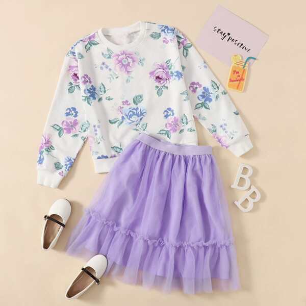 

Girls Floral Print Pullover & Ruffle Hem Mesh Skirt Set, Multicolor