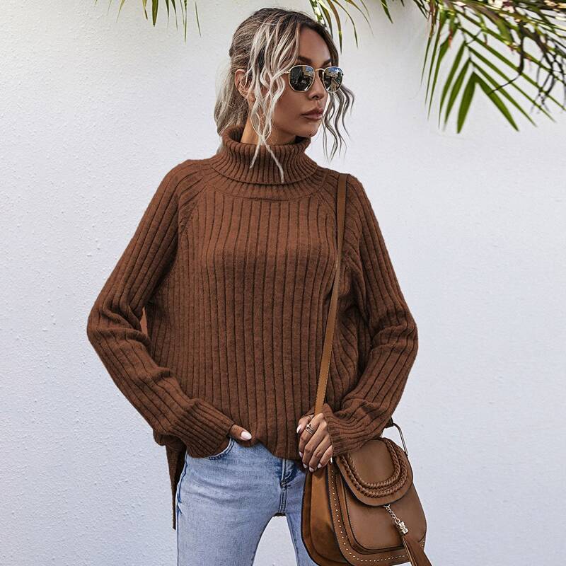 

High Neck Ribbed Knit Sweater, Brown