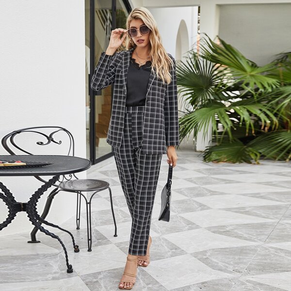

Plaid Lapel Neck Blazer With Pants, Black