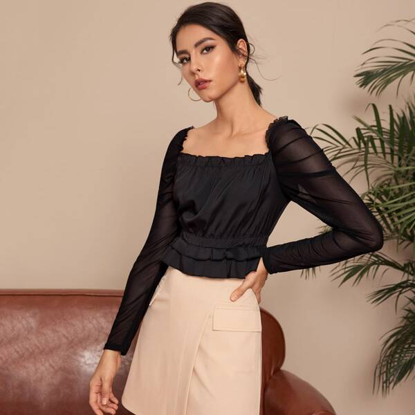

Contrast Mesh Sleeve Layered Ruffle Milkmaid Blouse, Black