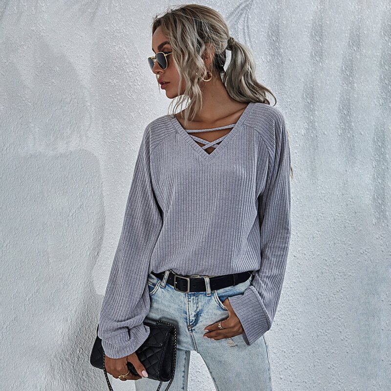 

Criss Cross Front Rib-Knit Tee, Grey