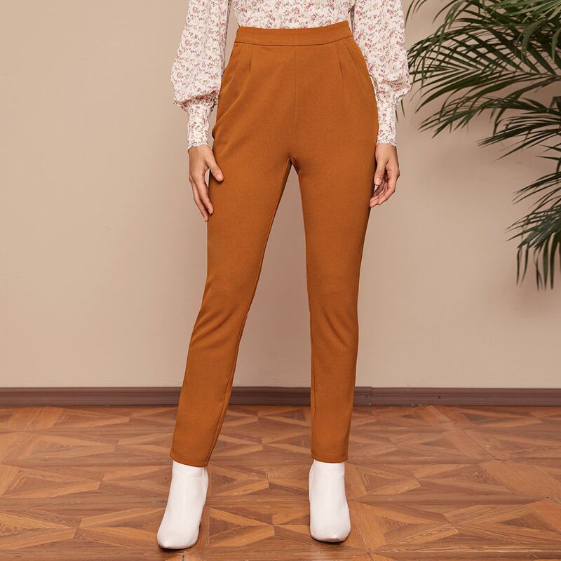 

Solid High Waist Side Zip Carrot Pants, Burnt orange