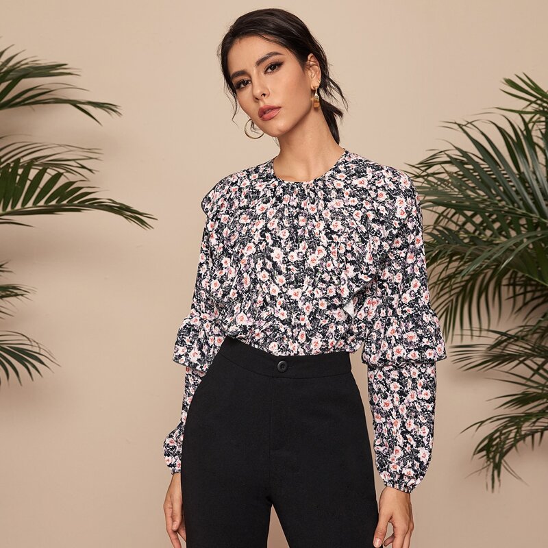 

Ruffle Trim Allover Floral Print Blouse, Multicolor