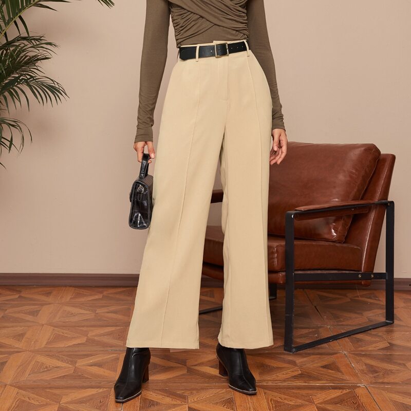 

Straight Leg Split Hem Pants Without Belt, Apricot