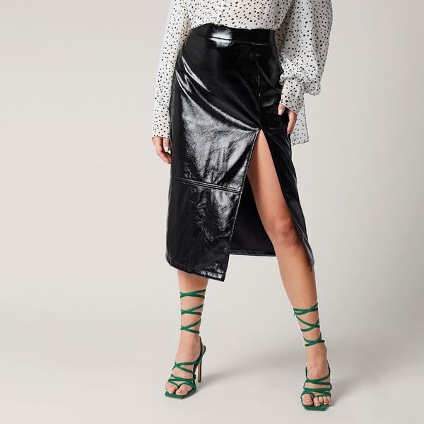 

Zipper Side Split Thigh Solid PU Skirt, Black