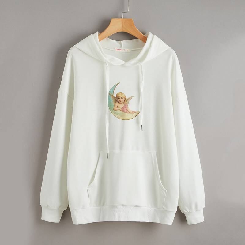 

Angel Print Drawstring Hoodie, White