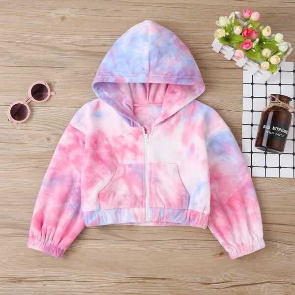 

Toddler Girls Tie Dye Zip Up Drop Shoulder Hooded Teddy Jacket, Multicolor